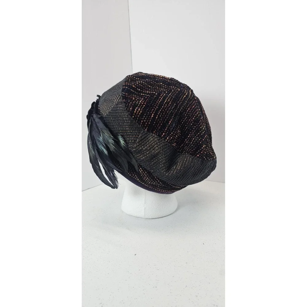 Vintage‎ Beaded Feather Beret Hat Purple Black Metallic Women's Dress Hat
